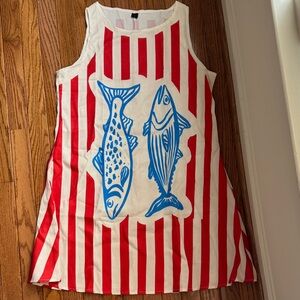 Amazon Red and White Striped Dress with Blue Fish Design